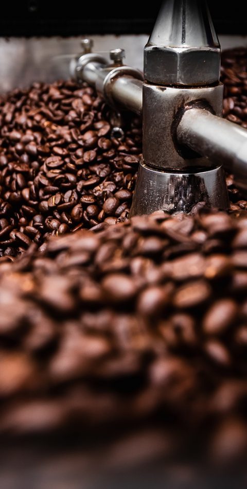 fresh coffee beans and roasted spinning cooer professional machine close up photo blur and dark background at factory chiang rai Thailand